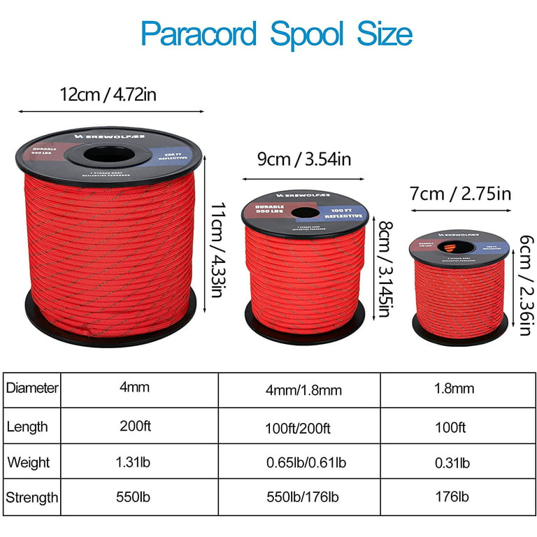 WEREWOLVES Reflective 550 Paracord 100Feet - 100% Nylon, Rope Roller,  Parachute Cord