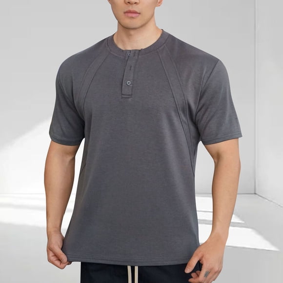 Tops para hombre, blusas y camisas de manga corta con cuello redondo para hombre, camisetas deportivas informales de verano de color liso con botones y cuello redondo, de manga corta, blusas, camisas,