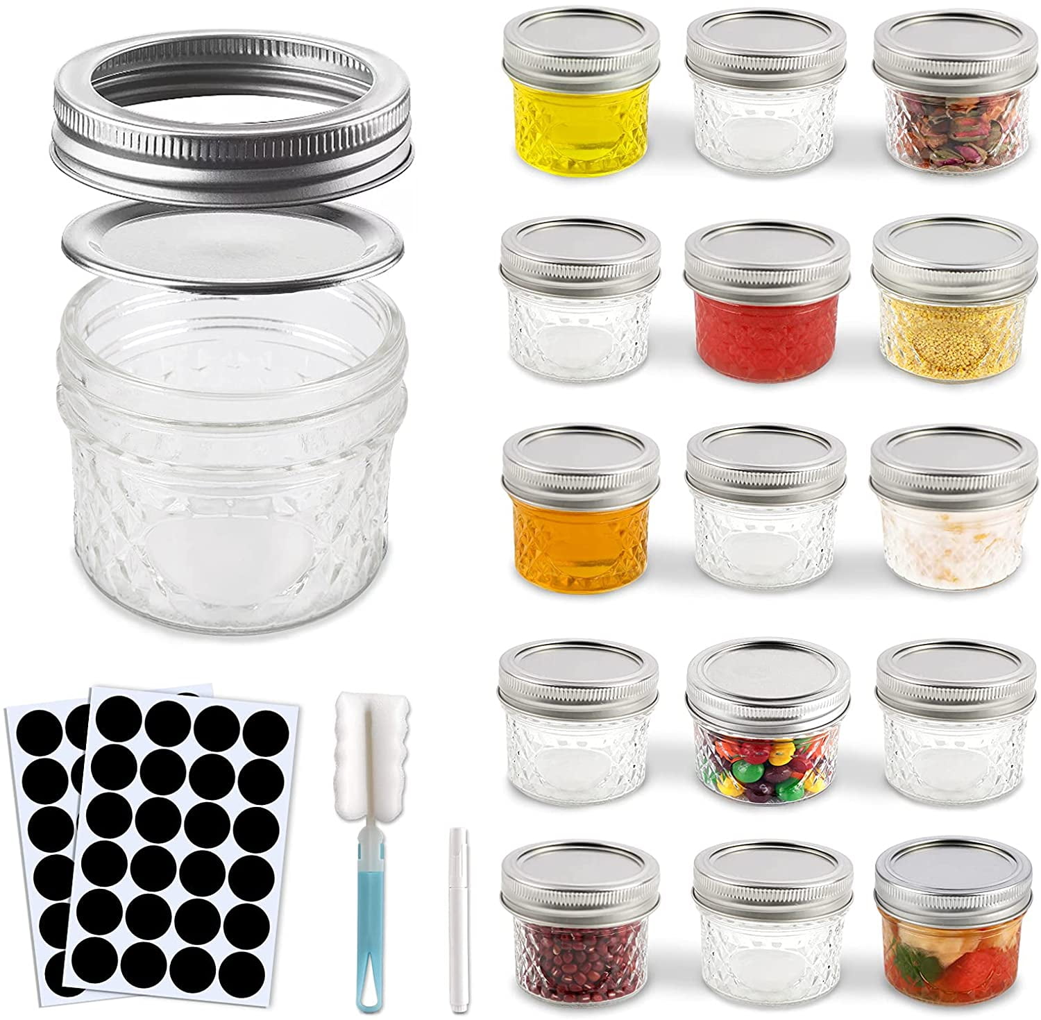 Mason Jars, 4 oz 16 Pack Small Mason Glass Jars with Lids and Bands