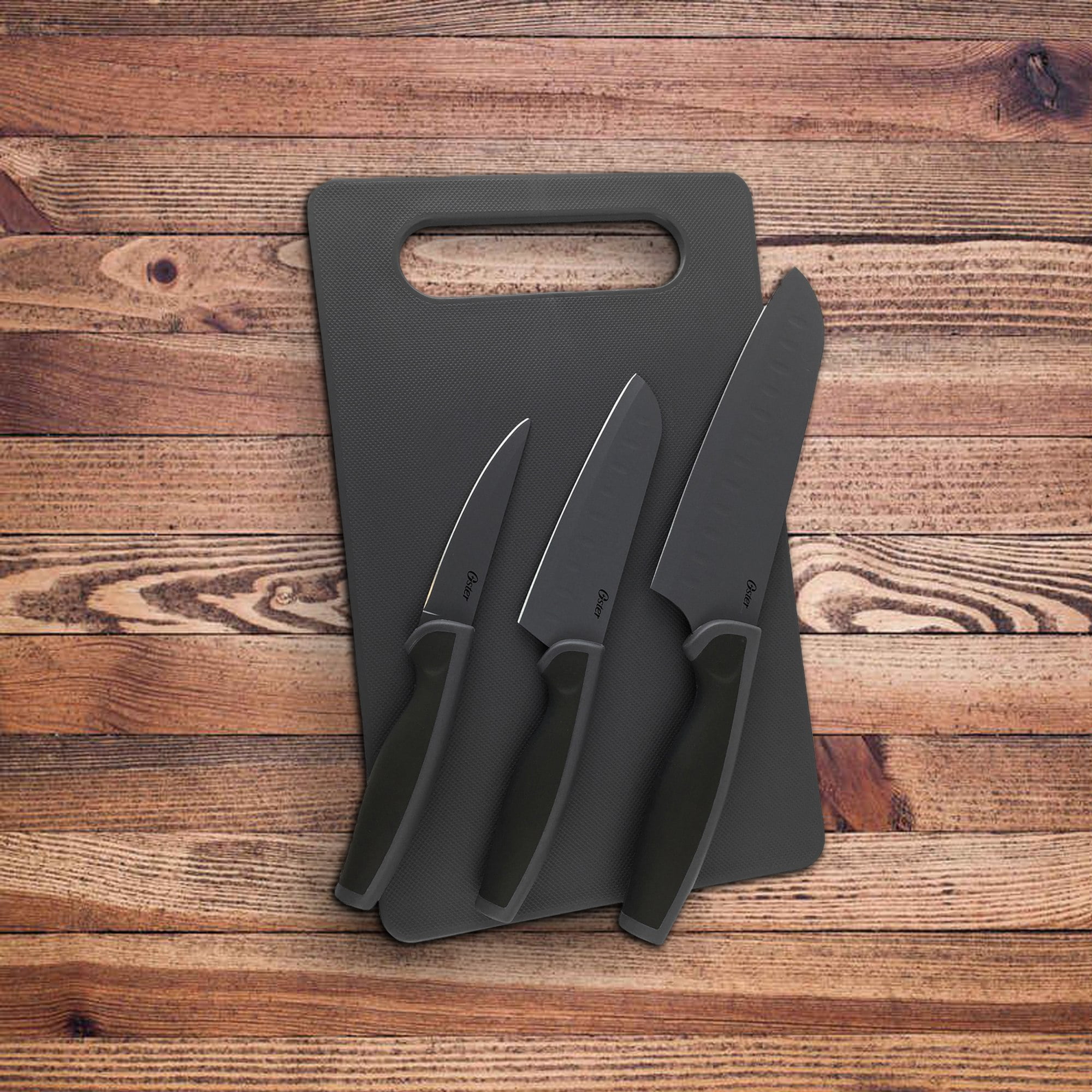 Oster Stainless Steel Knife Set with Cutting Board (4 Pieces), Grey
