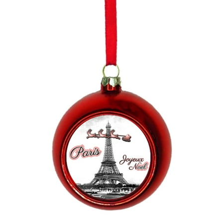 Ornament Vintage Santa Claus and Sleigh Riding Over The Eiffel Tower Paris France Parisian Themed Joyeux Noel Bauble Christmas Ornaments Red Bauble Tree Xmas