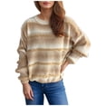 thumbnail image 2 of Suéter de cuello redondo para mujer, suelto, de manga larga, con cuello redondo, de punto en color contrastante, blusa para mujer, 2 of 6