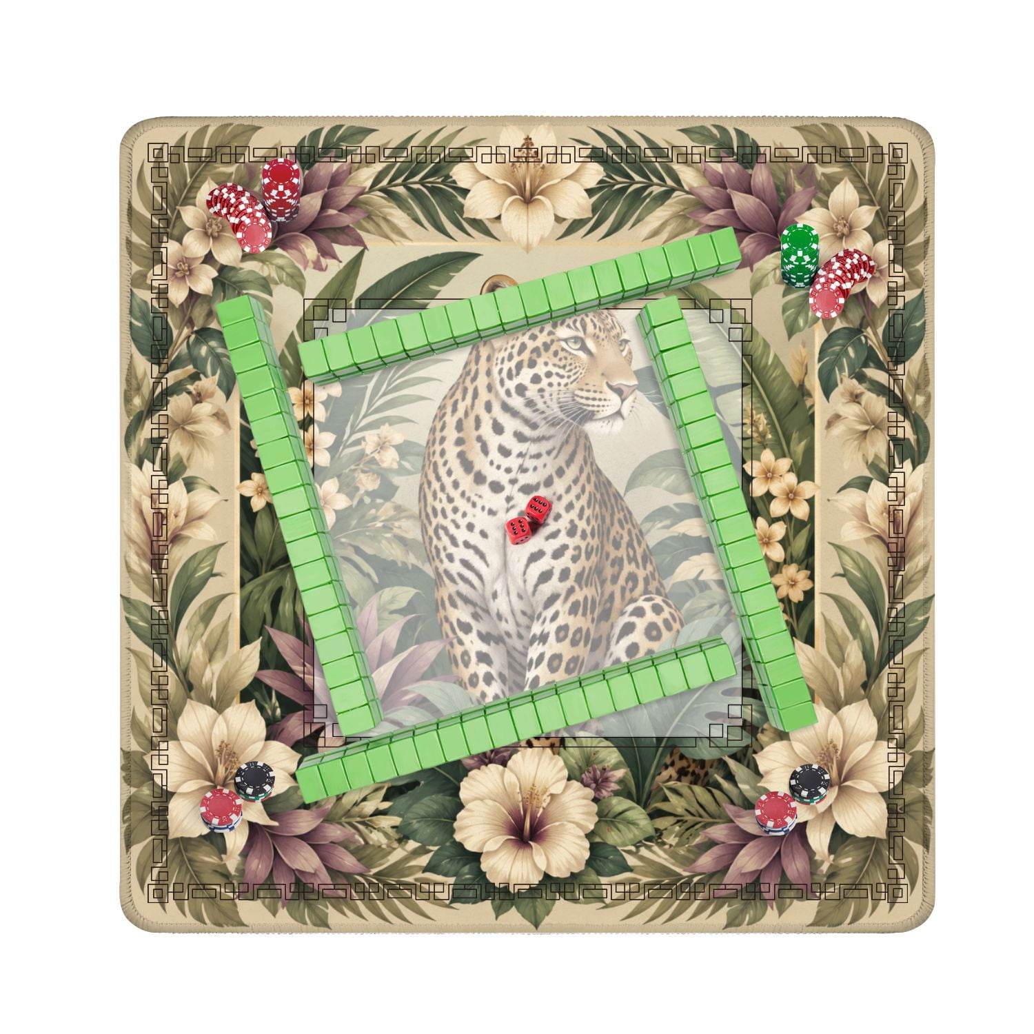 Mahjong Mat 31.5" x 31.5" Leopard Tropical Floral Jungle Greenery Soft Earth Tones Non-Slip Noise Reduction American Mahjong Tiles Table Cover for Dominoes Poker Card Board Games Gift