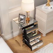 Curved Mirror Nightstand With 3 Drawers Glass Bedside Table For Small Spaces Modern End Table With Stainless Steel Legs Silver