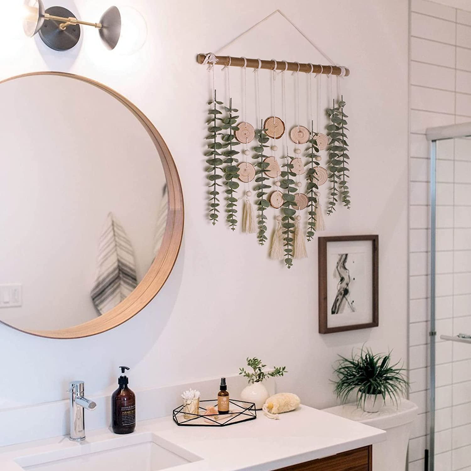 Bathroom Decor Artificial Eucalyptus Hanging Wall Decor Fake Eucalyptus Greenery Leaves Stems Wall Hanging Plants on Stick Boho Rustic Farmhouse Natural Home Decorations for Bedroom Nursery Kitchen