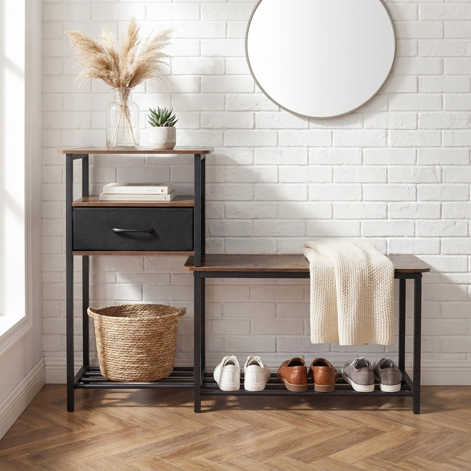 Furnibear 3 Tier Shoe Storage Rack Bench with Fabric Drawer and Metal Frame for Entryway Shoe Bench with Storage, Rustic Brown