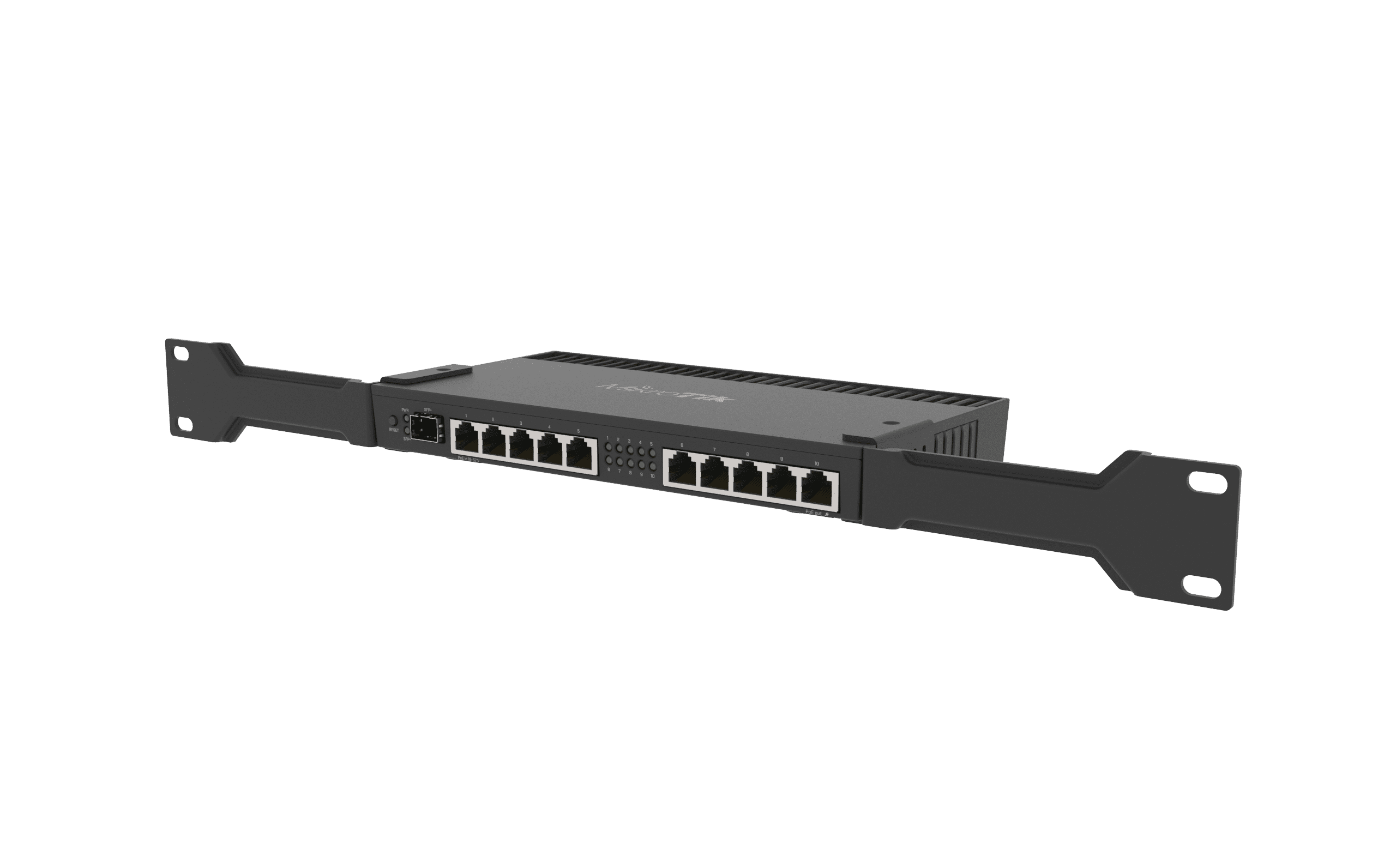 MikroTik RB4011 Ethernet 10-Port Gigabit Router (RB4011iGS+RM) with a Quad-core 1.4Ghz  CPU, 1GB RAM, SFP+ 10Gbps cage and desktop case with rack ears.