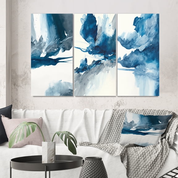 Designart "Solitary Majesty in Imperial Blue Splendor I" Abstract Liquid Ink Wall Art Set Of 3 - Modern Blue Canvas Set For Living Room Decor
