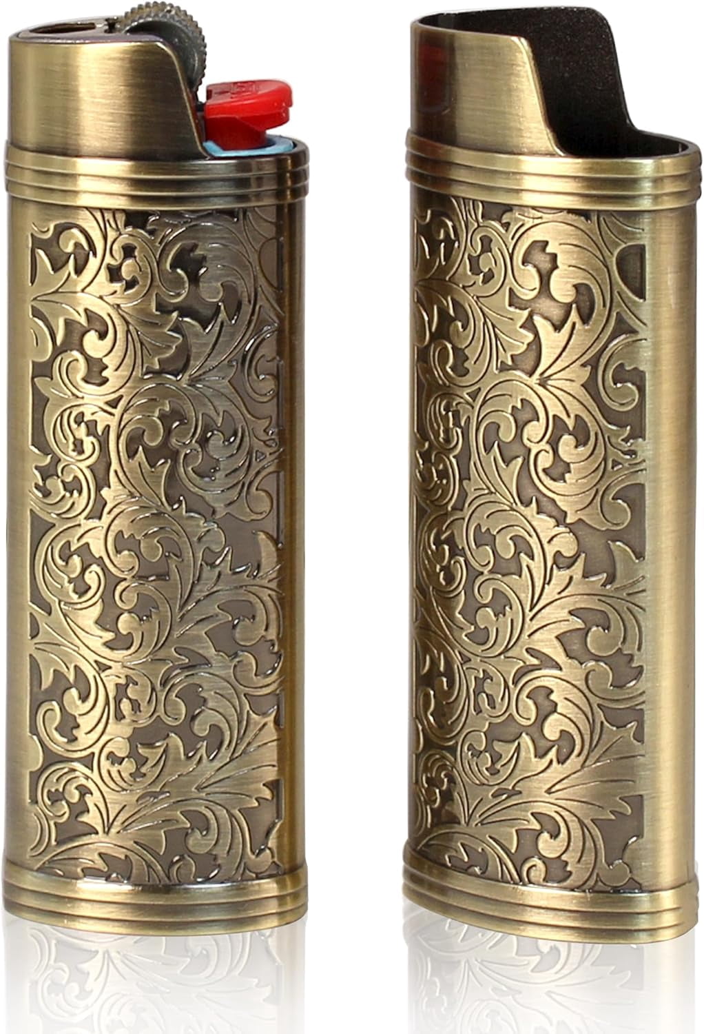 2 Pack Vintage Metal Lighter Case Cover Front Arabesque Engraving Reusable Lighter Sleeve for Bic J6 Regular Lighters (Style1-Bronze)