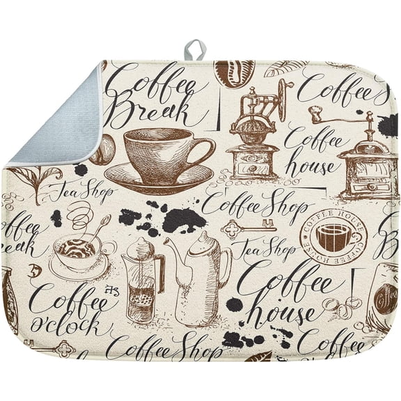 Absorbent Dish Drying Mat, Coffee House Microfiber Pad for Kitchen Counter, Coffee Bar Decor, Heat Resistant and Reversible, 16" x 18"