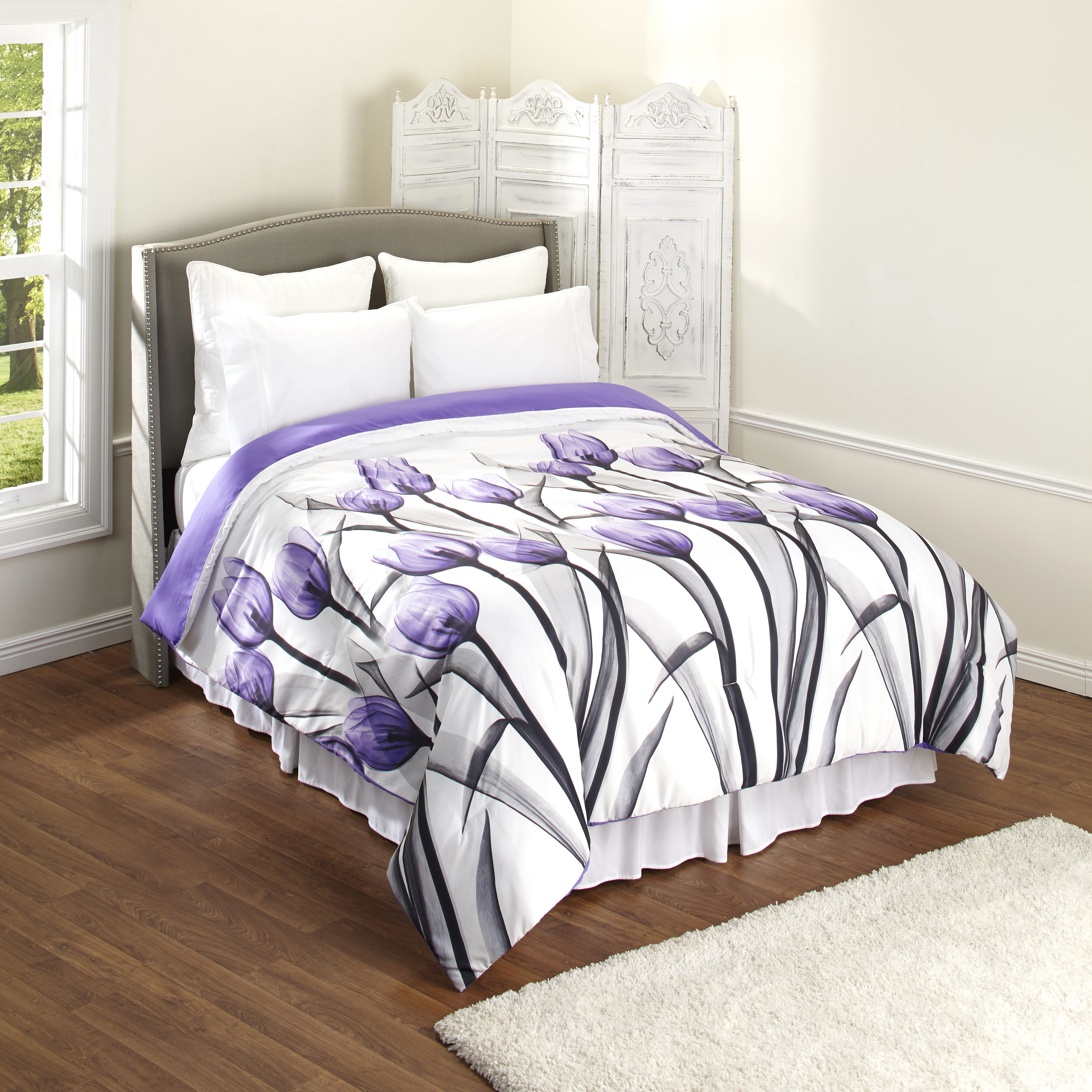 Plump Purple Tulip Bed Comforter with Floral Accents