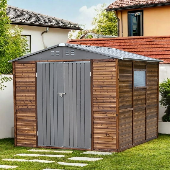 8 ft. W x 8 ft. D Outdoor Iron & Solid Wood Tool Storage Shed with Two Doors and Windows