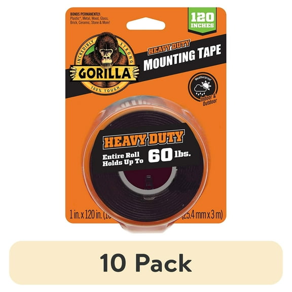 (10 pack) Gorilla Heavy Duty Double Sided Mounting Tape, Black Tape, 1" x 120"