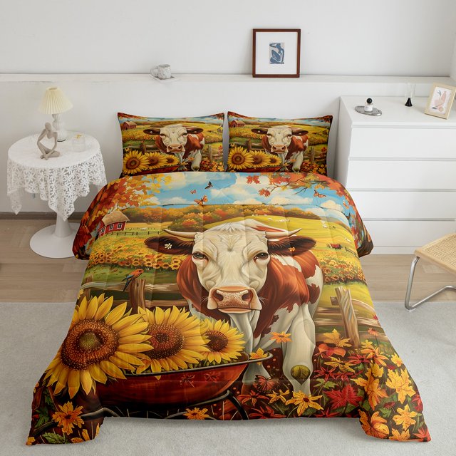YST Rustic Cow Print Bedding Set Farmhouse Sunflower Cabin Comforter Set Queen Size For Kids Adults,Country Animal Maple Leaves Down Comforter,Fall Farm Life Bed Set 3 Pcs