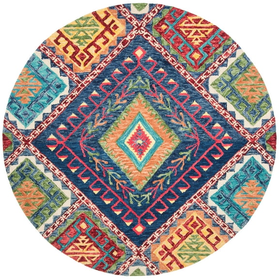 SAFAVIEH Aspen Mia Geometric Wool Area Rug, Blue/Multi, 3' x 3' Round