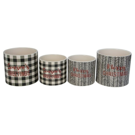 Melrose Set of 4 White and Black Holiday Slogan Printed Christmas Pots 6"