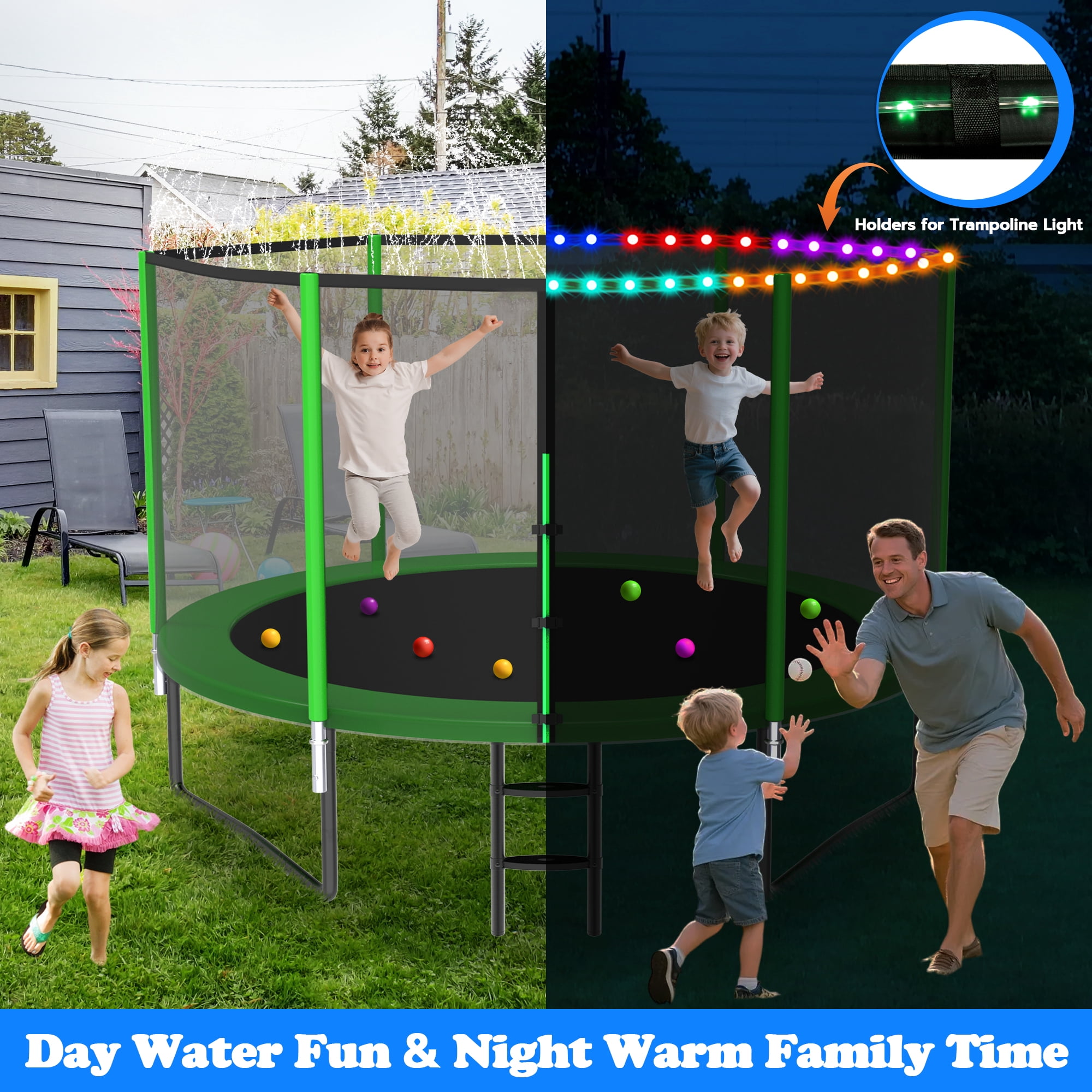 Cochan Trampoline, 10FT Trampoline for Kids and Adults with Enclosure Net, Heavy Duty Outdoor Trampoline with Lights and Sprinkler, 1000LBS Weight Capacity for 3-4 Kids, Easy Assembly