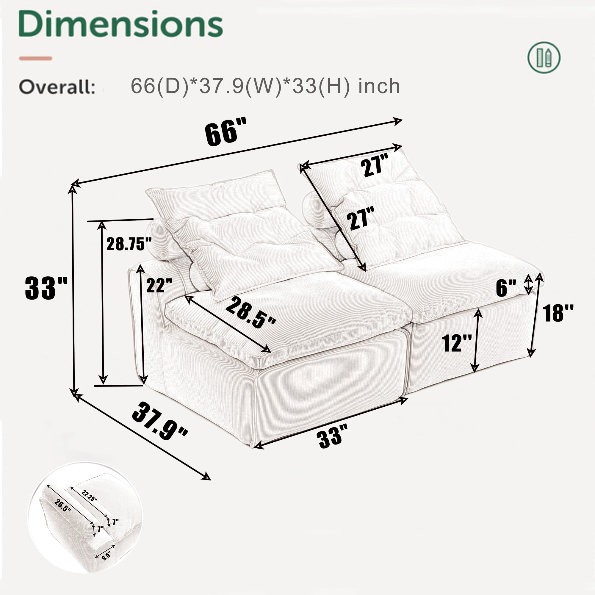 Modular Sofa,Soft Corduroy Fabric Loveseat Sofa for Living Roo,Upholstered Sofa Couch will DIY,No Armrests,Green