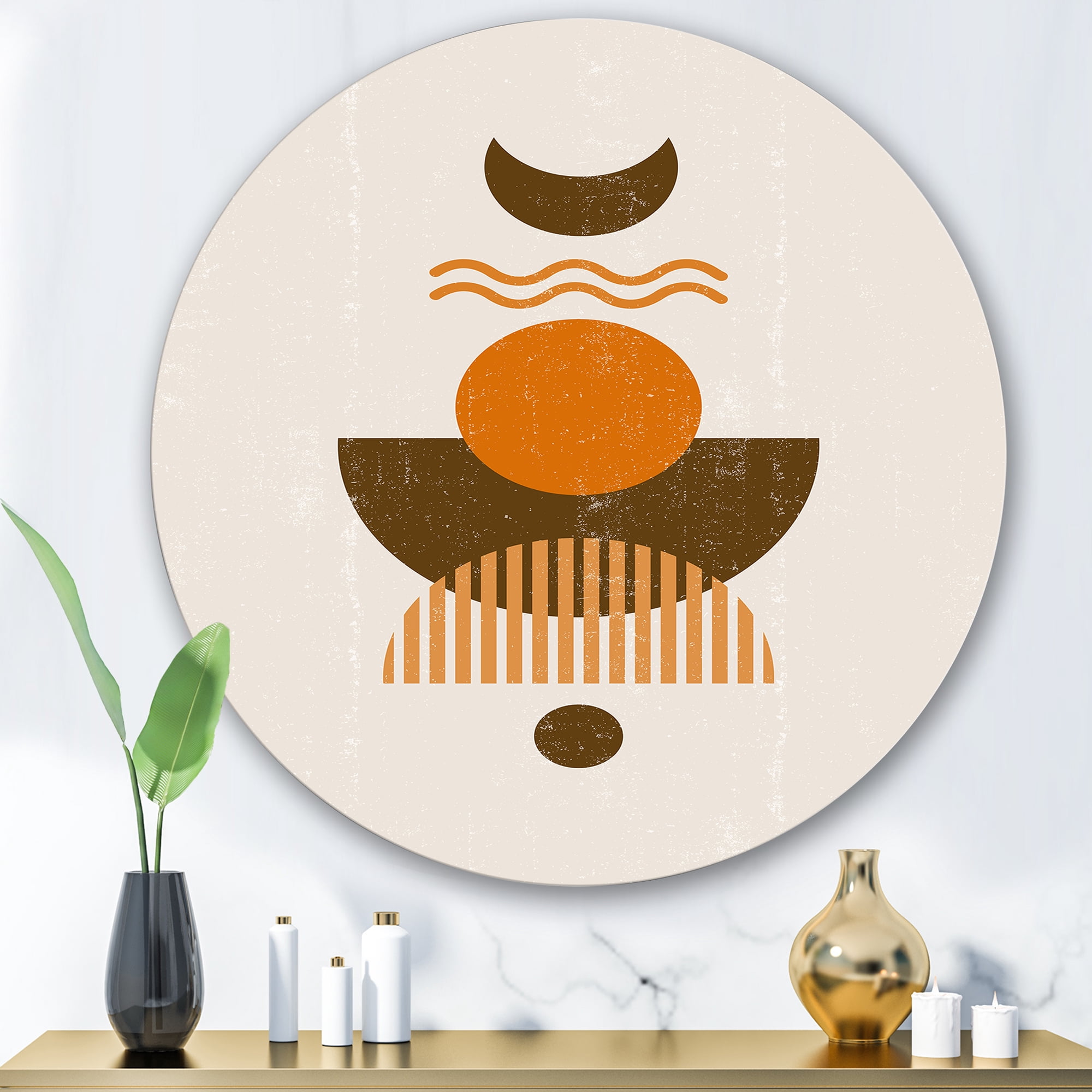 Designart 'Abstract Moon and Sun In Earth Tones' Modern Circle Metal Wall Art 36x36 - Disc of 36