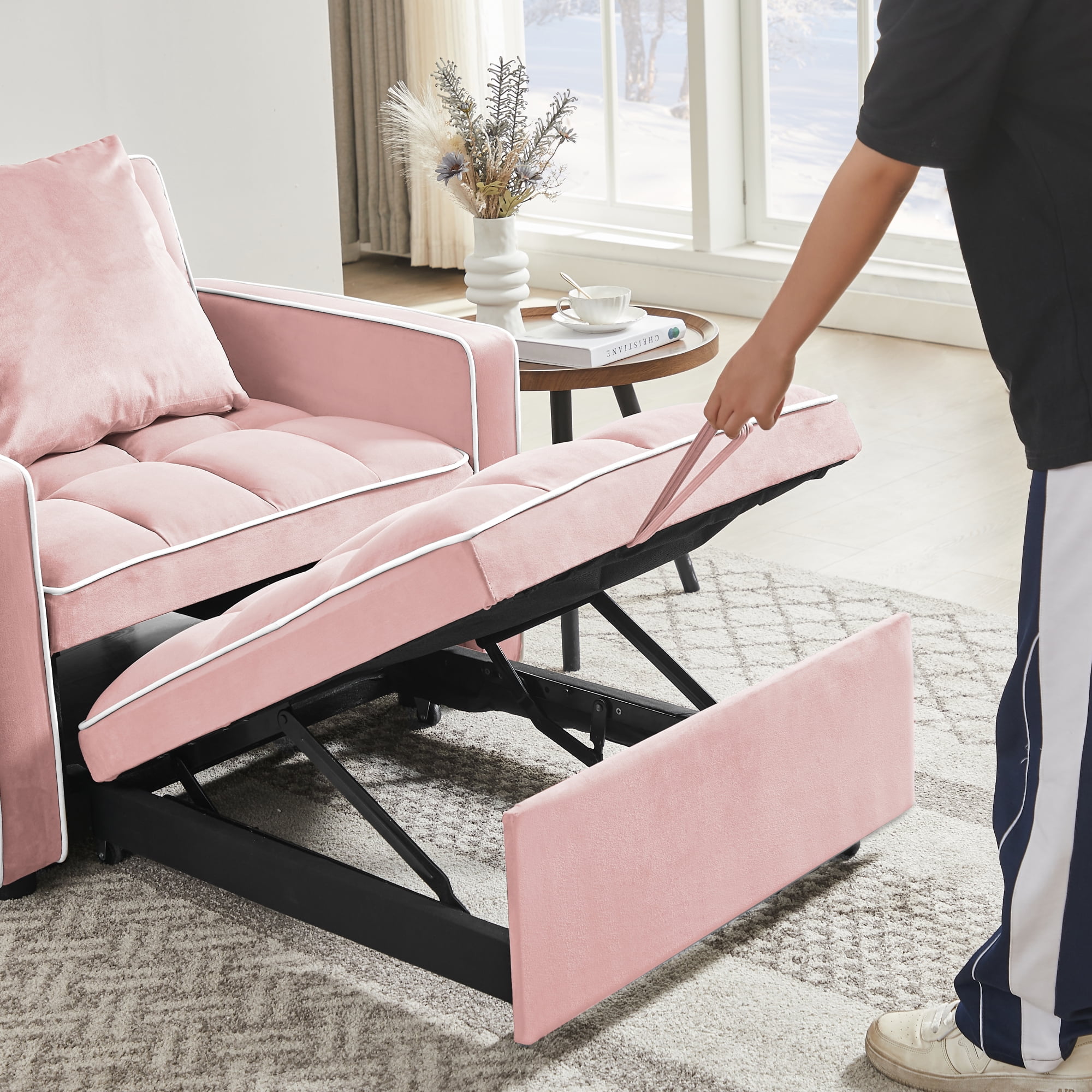 3-in-1 Convertible Chair Bed, Indoor Lounge Chair with Pillow, Single Sofa Pull Out Couch for Living Room,Pink