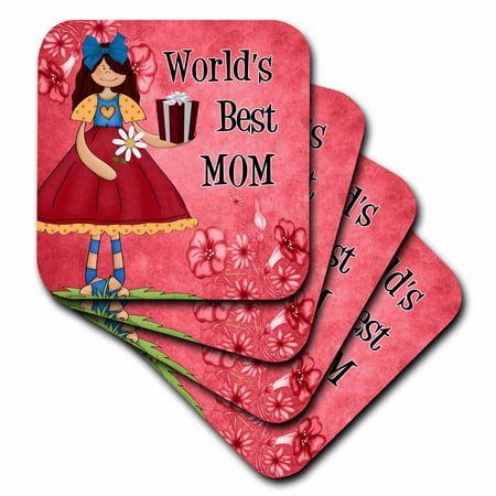 3dRose Worlds Best Mom in Red for Mothers Day, Soft Coasters, set of