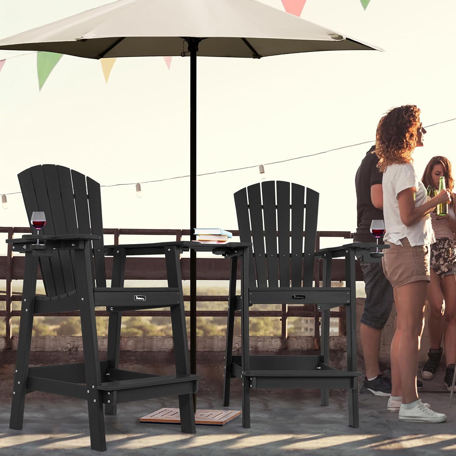FUNBERRY Tall Adirondack Chairs Set of 2 with Removable Connecting Table, All Weather High Top Balcony Chair with Cup Holders