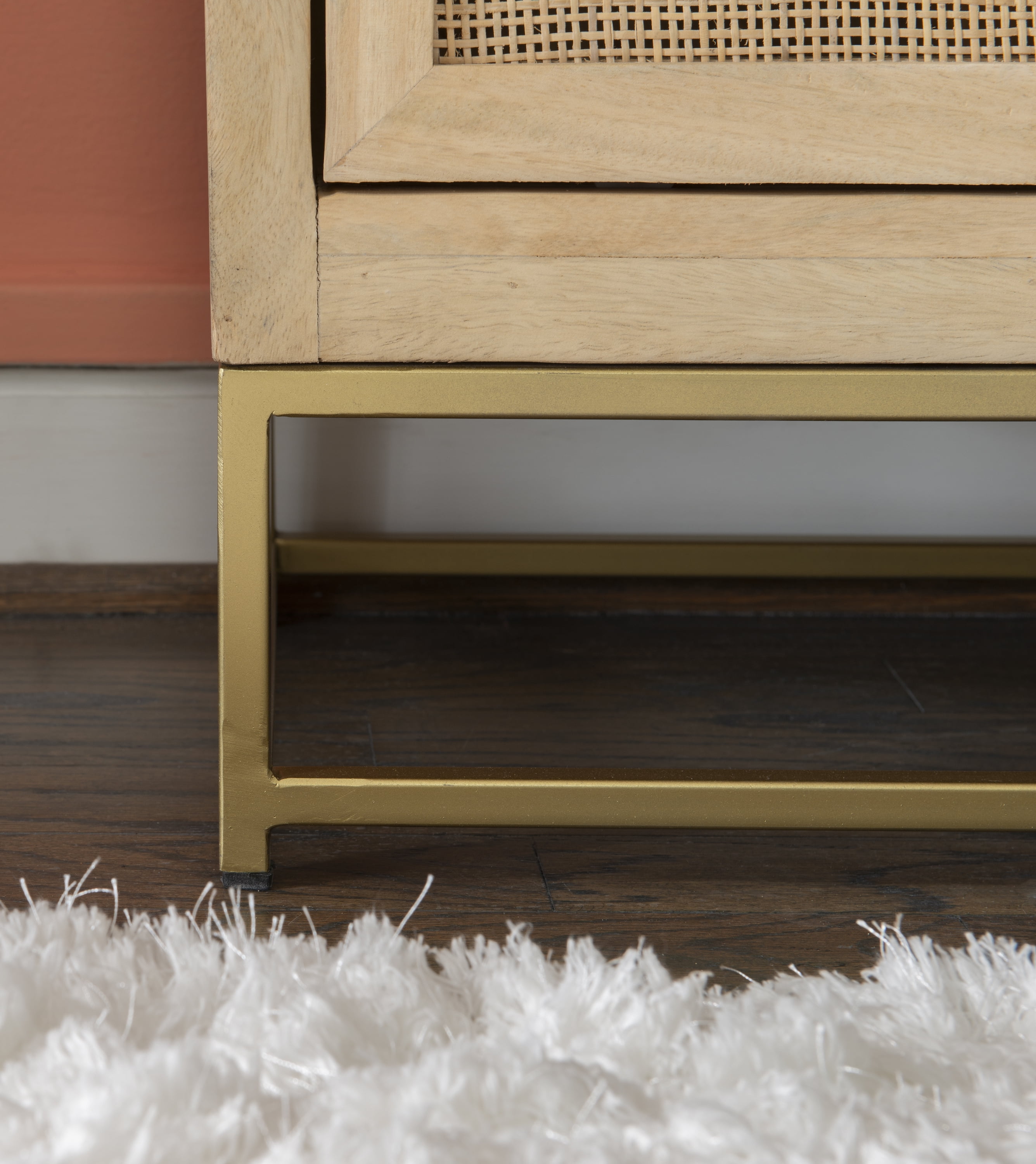 Blair Rattan Sliding Doors Cabinet with Shelves, Natural and Gold