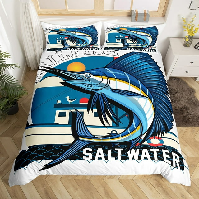 Beach Themed Comforter Cover Cartoon Marlin Swordfish Bed Sets for