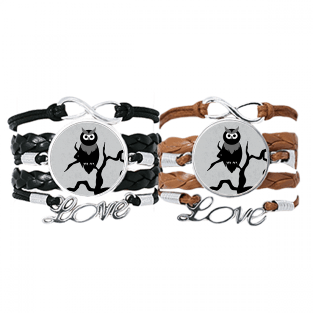 Owl Tree Night Time Halloween Bracelet Hand Strap Leather Rope Wristband Double Set