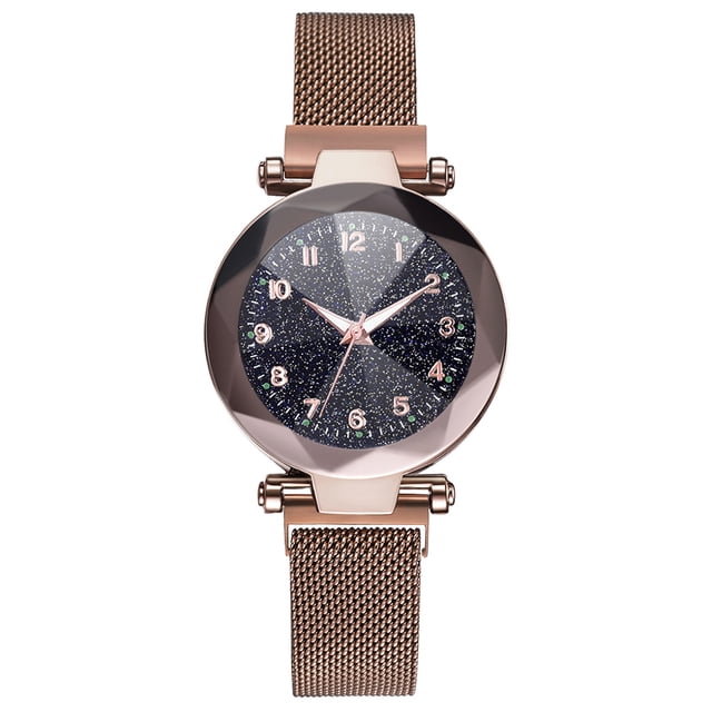 Reloj de pulsera de cuarzo para mujer a la moda, botón magnético, correa de malla, reloj de pulsera con esfera redonda de aleación (café)