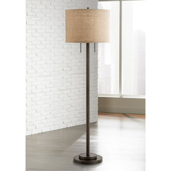 Possini Euro Design Garth Modern Floor Lamp Standing 63 1/2" Tall Oil Rubbed Bronze Burlap Fabric Drum Shade for Living Room Bedroom Office House Home