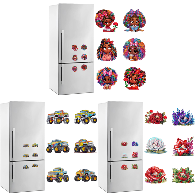 6 piezas acrílico forma especial Curly-Hai Girl diamante pintura imán nevera rojo