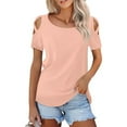 thumbnail image 2 of Swuxness Women Short Sleeve Casual T Shirts, Spring and Summer Tops, Ladies Crew Neck Solid Color Fashion Blouses Off Shoulder Pullover Tee Pink, M, 2 of 4