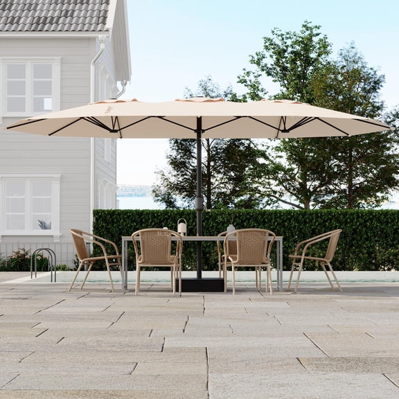 15ft Large Patio Umbrellas with Base, Outdoor Double-Sided Big Market Umbrella, Double-Topped Outdoor Umbrellas with Stand for Backyard Poolside Lawn Market, Three-Head Umbrella, Khaki