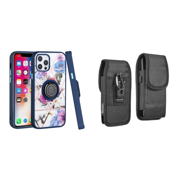 Bemz Ring Series Case for iPhone 14 Plus (TPU Silicone Cover with Magnetic Stand) and Vertical Rugged Nylon Belt Holster Pouch - Blue Purple Flowers