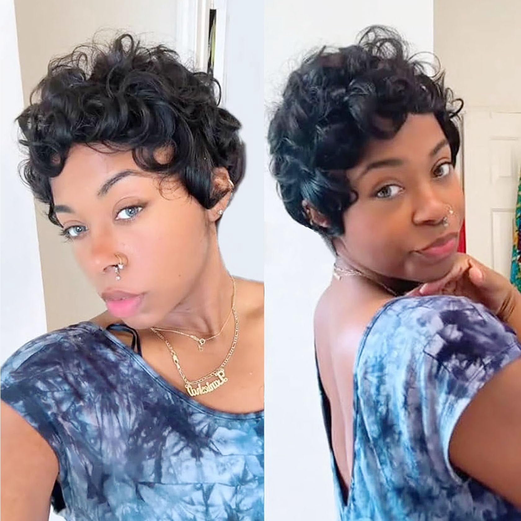 No Glue Pixie Cut Wigs for Black Women Brazilian Curly Human Hair Glueless Short Layered Wigs With Bangs Natural Black Daily Wig