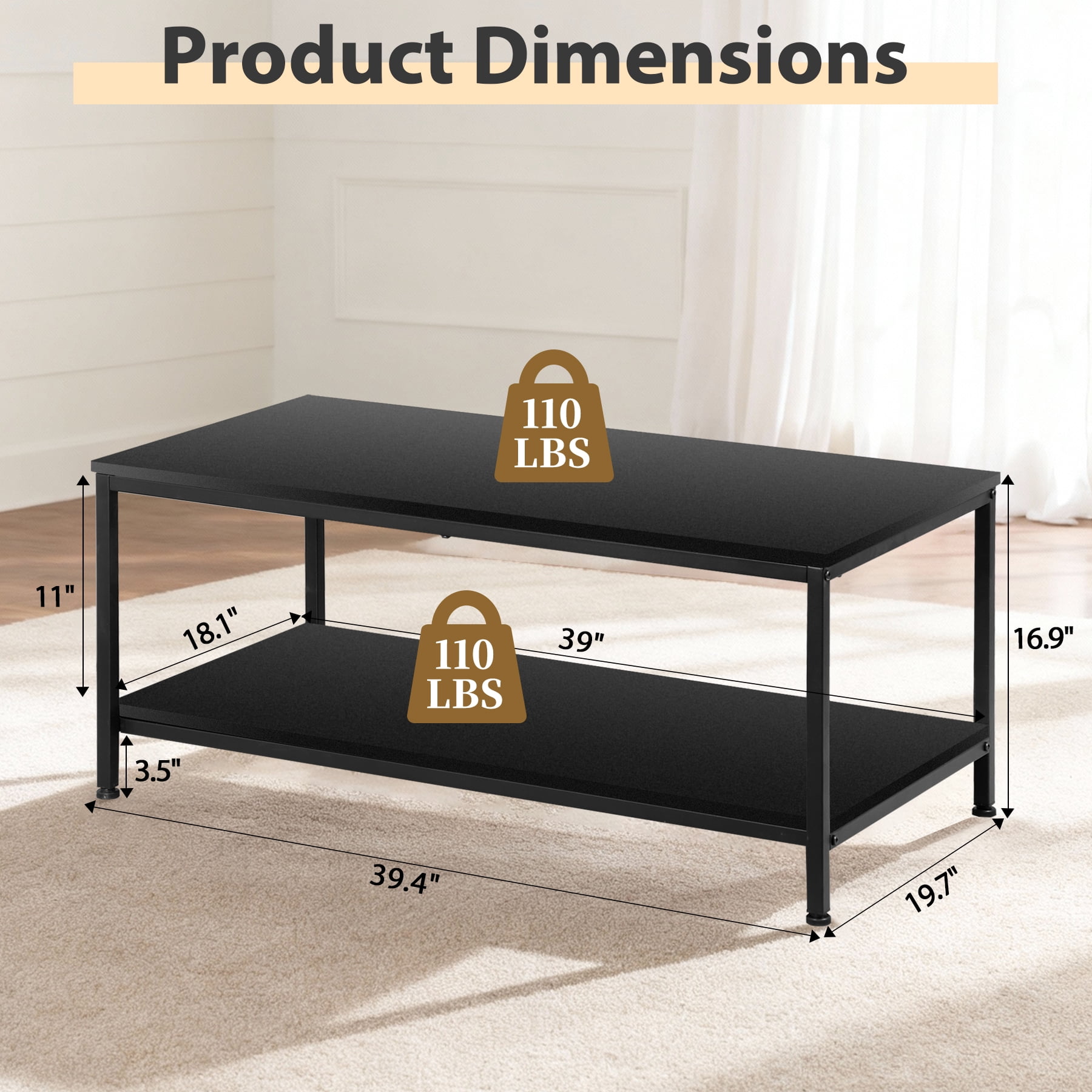 ZenSports 39.4"L Rectangle 2-Tier Coffee Table Wood Cocktail Table Metal Frame W/Storage Shelf,Black for Apartment Home Office