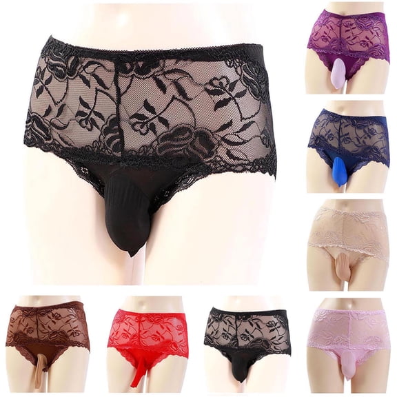 Hrsba Mens Thong Underwear High Waist Lace Mesh Sheer Breathable Hip Coverage Comfortable Triangle Briefs