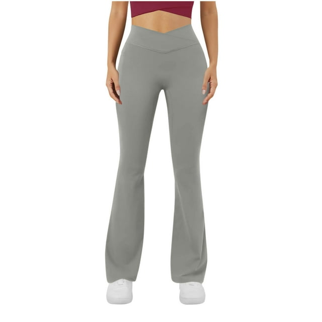 Amzcrzy Pantalones Yoga Mujer Color Liso - Cintura Elástica, Control Abdominal, Corte Acampanado, Leggings Elásticos Cómodos, Bolsillos S-2XL Gris