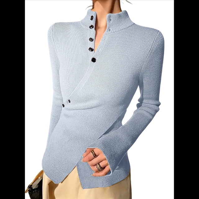 Suéter Básico de Punto para Mujer, Elegante Jersey de Cuello Alto con Botones, Corte Entallado, Abertura Cruzada y Larga. Azul XL