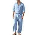 thumbnail image 5 of FRSASU Mens 2 Pieces Cotton Linen Set Long Sleeve Button Down Shirts Casual Drawstring Yoga Pants Summer Beach Wedding Outfits Light Blue, 5 of 9