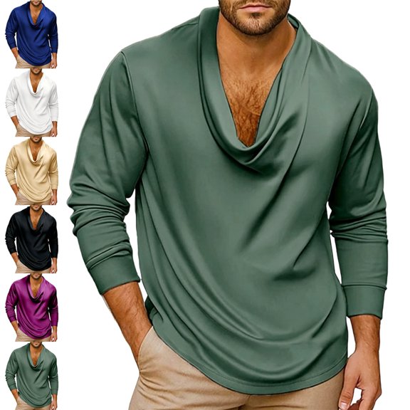 Zivyakyron Cowl Neck Top Men Fall Long Sleeve Satin Casual Pullover Soft Going Out Shirts Solid Loose White L