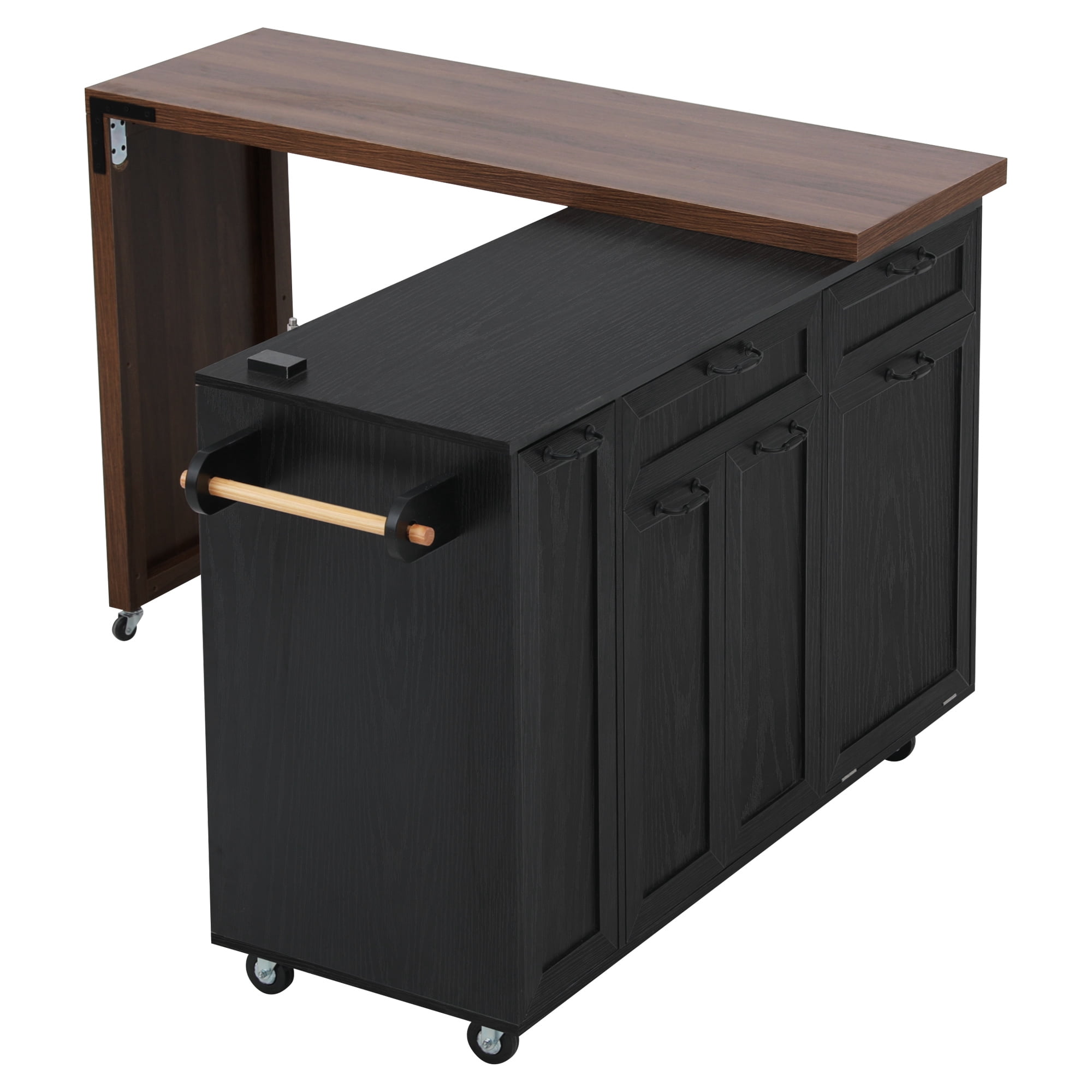 Mintazer 102.3" Kitchen Island with Extendable Dining Table, Kitchen Rolling Island Cart with Spice Rack & Wheels, Mobile Island Table with Trash Storage Cabinet, Black & Walnut