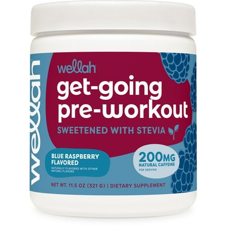 Wellah  Get-Going Pre-Workout Drink Mix (Blue Raspberry) 200mg Natural Caffeine Per Serving (30 Servings) - Sweetened With Stevia