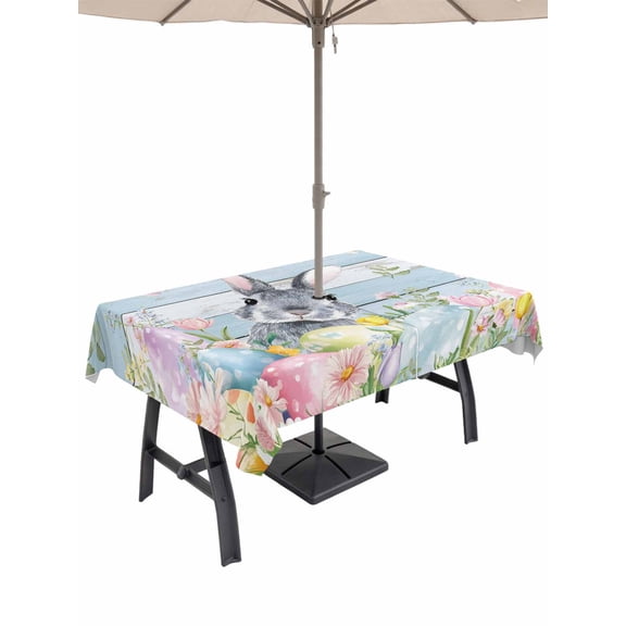 Easter Outdoor Tablecloth - 60x120 Inch Rectangle Dining Table Cover, Country Spring Bunny Eggs Botanicals Wooden Plank Waterproof Outdoor Table Cloth with Umbrella Hole & Zipper for Picnic/Patio
