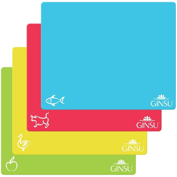 Ginsu Extra Thick 1.2mm Flexible Plastic Cutting Boards: Dishwasher Safe BPA Free Colorful Cutting Mats with Slip Resistant Waffle Back (Set of 4)