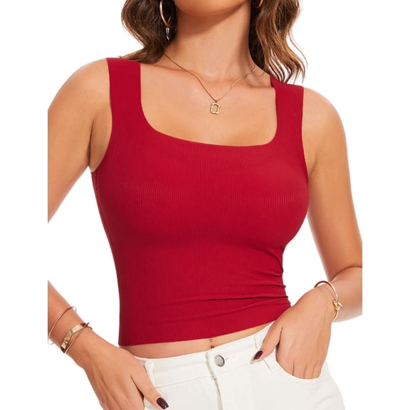 YANDW Square Neck Tank Top Sleeveless Yoga Workout Cami Crop Tops for Women Red,2XL
