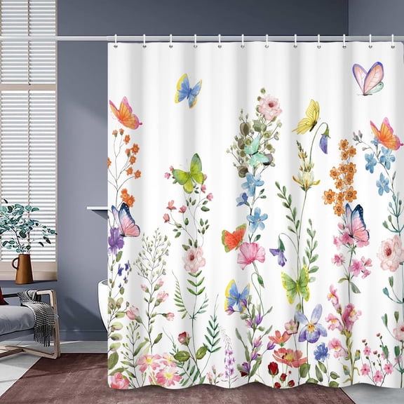 SUNOLIFE Butterfly Shower Curtain Spring Floral and Flowers Waterproof Fabric Bathroom Curtain with Hooks,72"W x 72"L