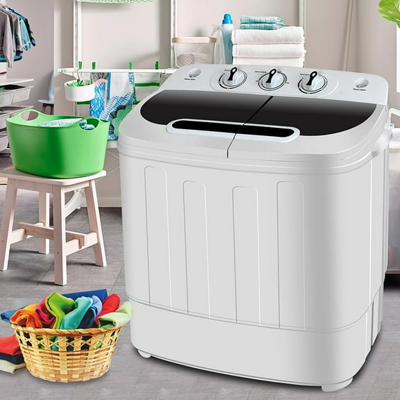 PRZL Compact Mini Twin Tub Washing Machine 13lbs Capacity Portable Washer Wash and Spin Cycle Combo, Built-in Gravity Drain for Camping, Apartments, Dorms, College, RV’s and Small Spaces