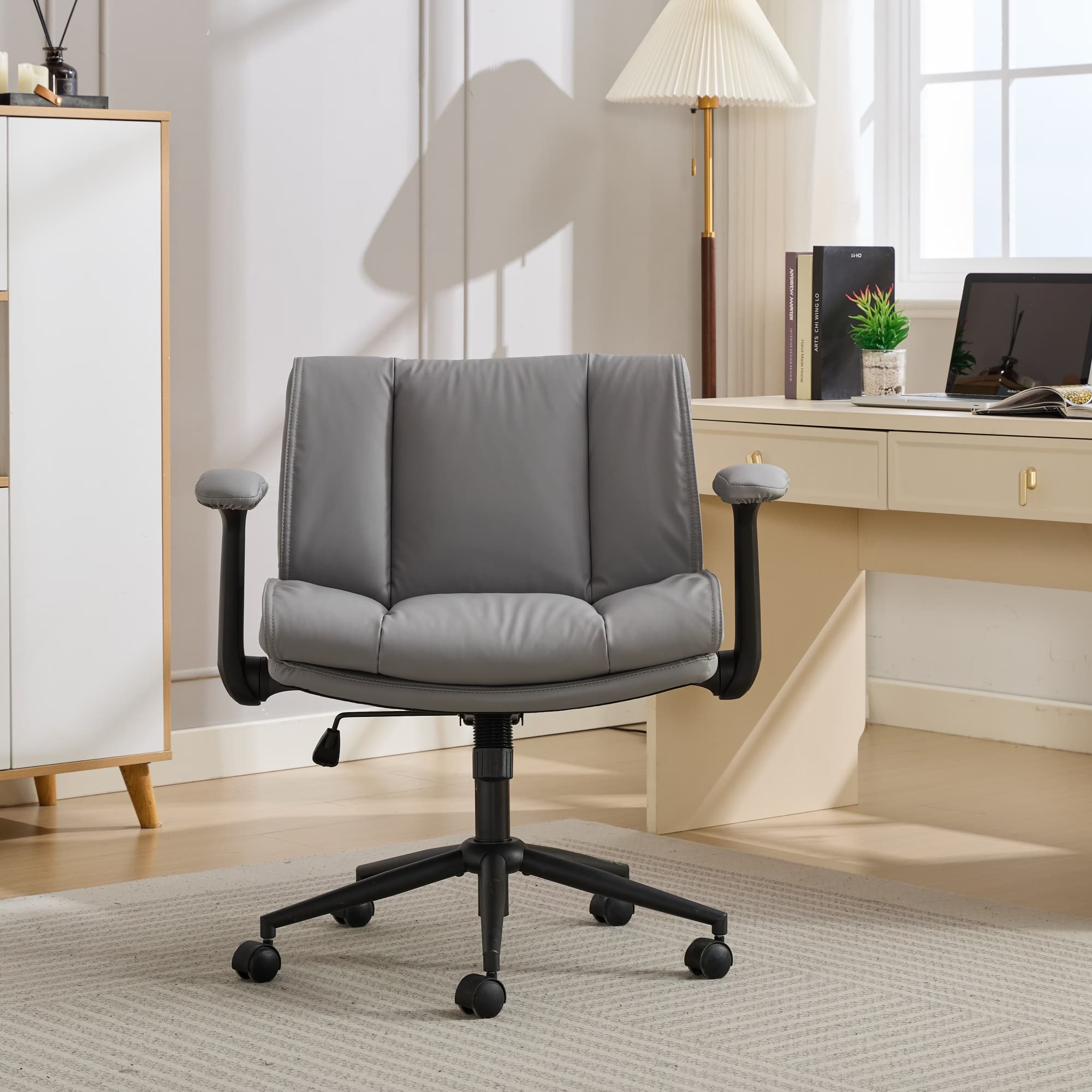 HUJHKIO Cross Legged Office Chair with Flip-Up Arms, Wide Swivel Chair, 360° Rolling Ergonomic Desk Chair, Adjustable Comfy Leather Seat for Home Office, Vanity & Study, Supports 300 lbs, Gray